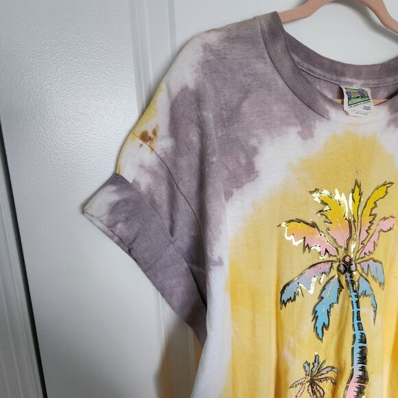 Village Mews Vintage Yellow Tie Dye T Shirt Yellow Grey Palm Tree OSFM - Picture 6 of 8